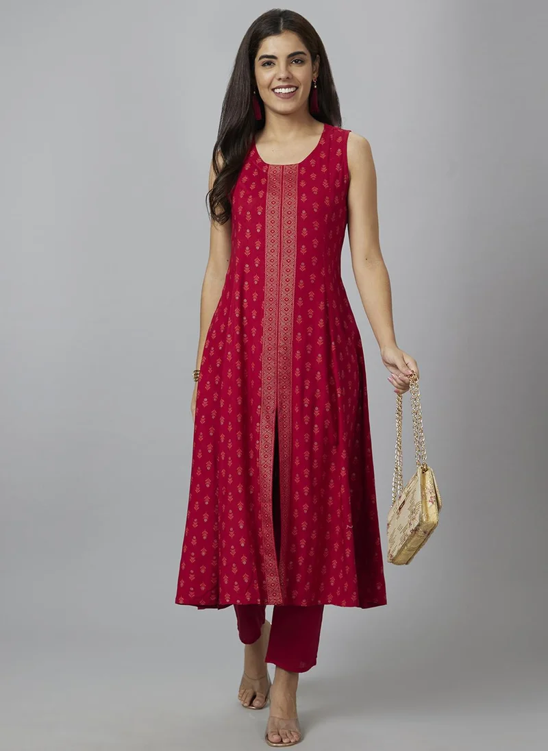 globus Globus Women Maroon Mid-Rise Smart Straight Fit Pleated Cropped Pure Cotton Trousers